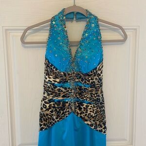 Night Moves animal print halter embellished floor length gown